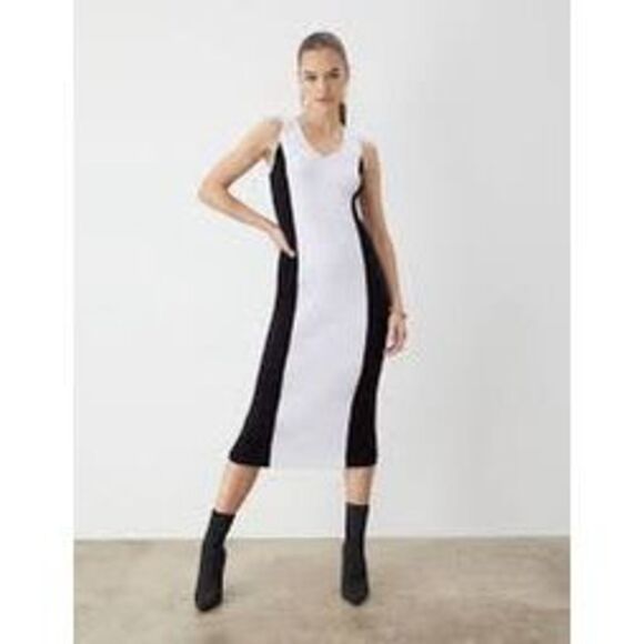 GSTQ NWT white black color block Ribbed V-Neck midi Dress size small - Picture 3 of 13